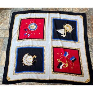 Vtg Liz Claiborne Scarf Multi-Color "Nautical Squares" With Gold Cord" Silk Silk